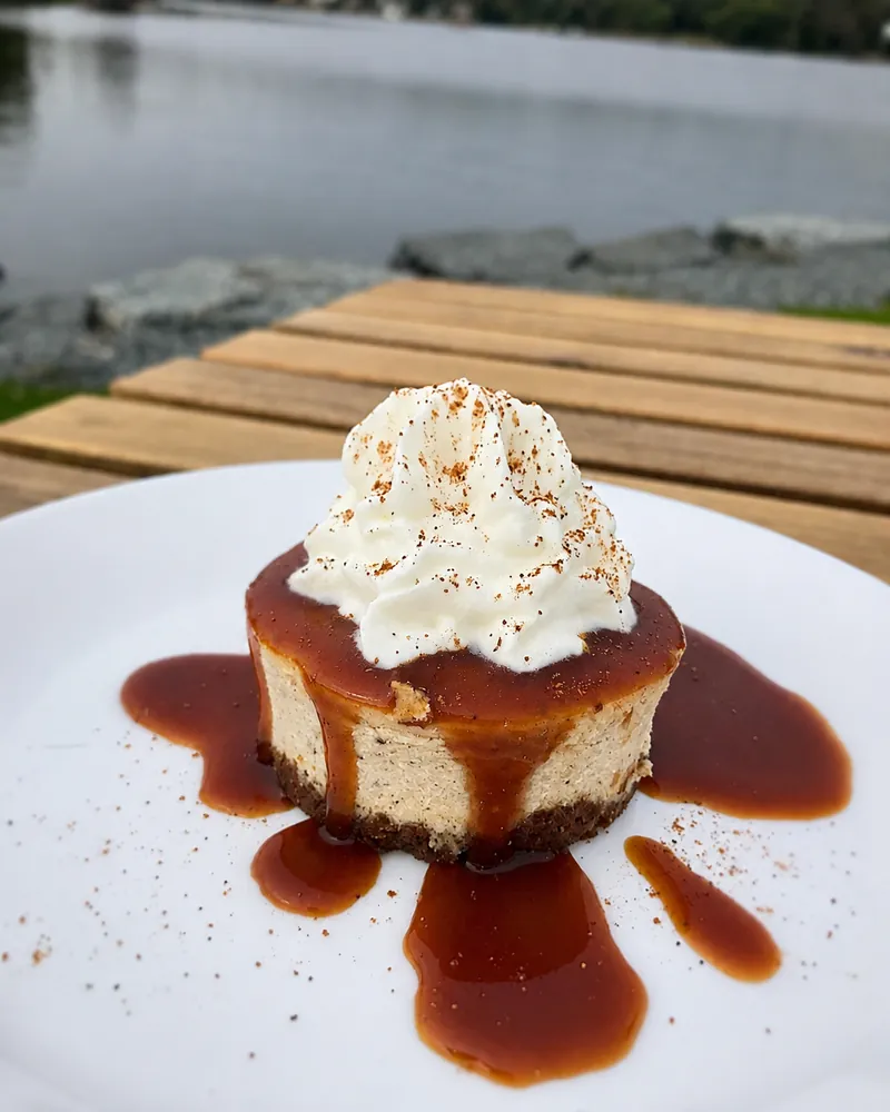 A slice of cake with whipped cream beside the lake.